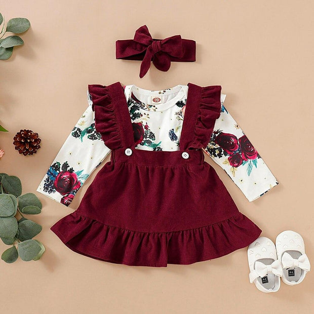 Sweet Baby Girl Long-Sleeve Floral Jumpsuit Dress Headband 3Pcs - MomyMall