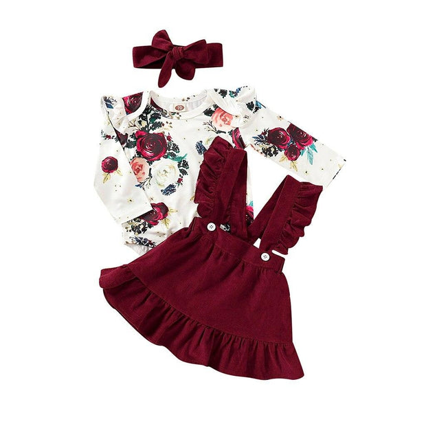 Sweet Baby Girl Long-Sleeve Floral Jumpsuit Dress Headband 3Pcs - MomyMall