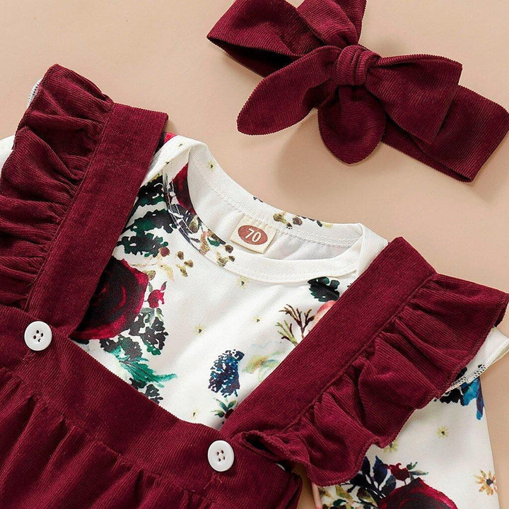 Sweet Baby Girl Long-Sleeve Floral Jumpsuit Dress Headband 3Pcs - MomyMall
