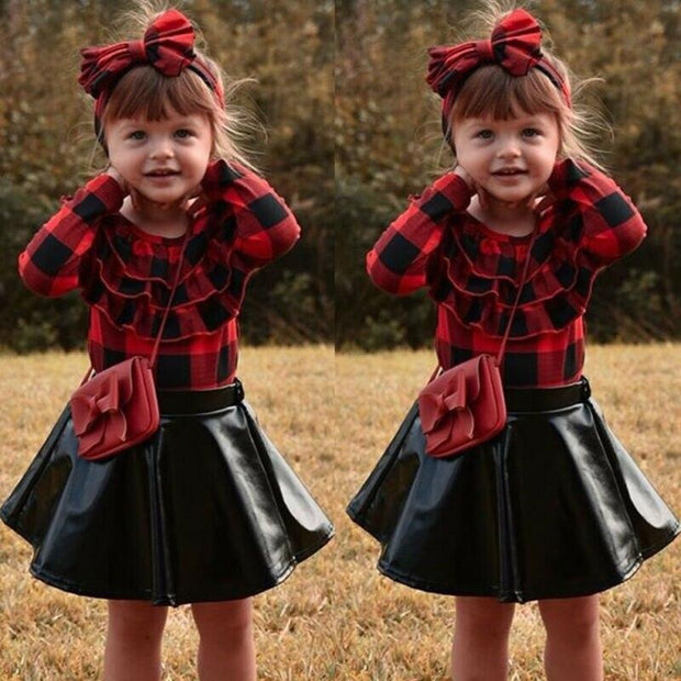 Baby Girl Cute Plaid Christmas Tops +Leather Party Dress +Headband 3Pcs 1-6 Years