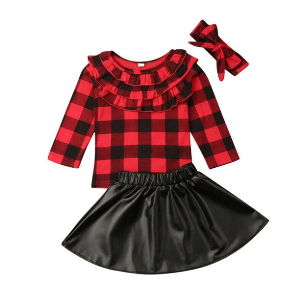 Baby Girl Cute Plaid Christmas Tops +Leather Party Dress +Headband 3Pcs 1-6 Years