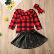 Baby Girl Cute Plaid Christmas Tops +Leather Party Dress +Headband 3Pcs 1-6 Years