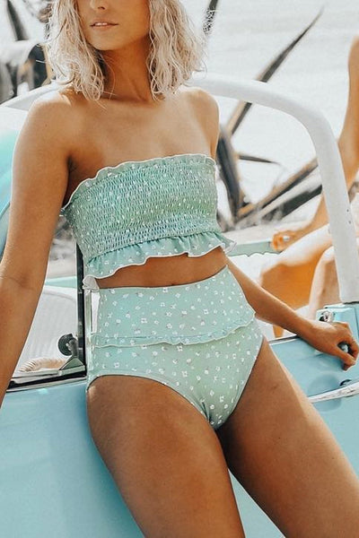 Light Blue Floral Ruffle Trim High Waist Bikini Bottom - MomyMall