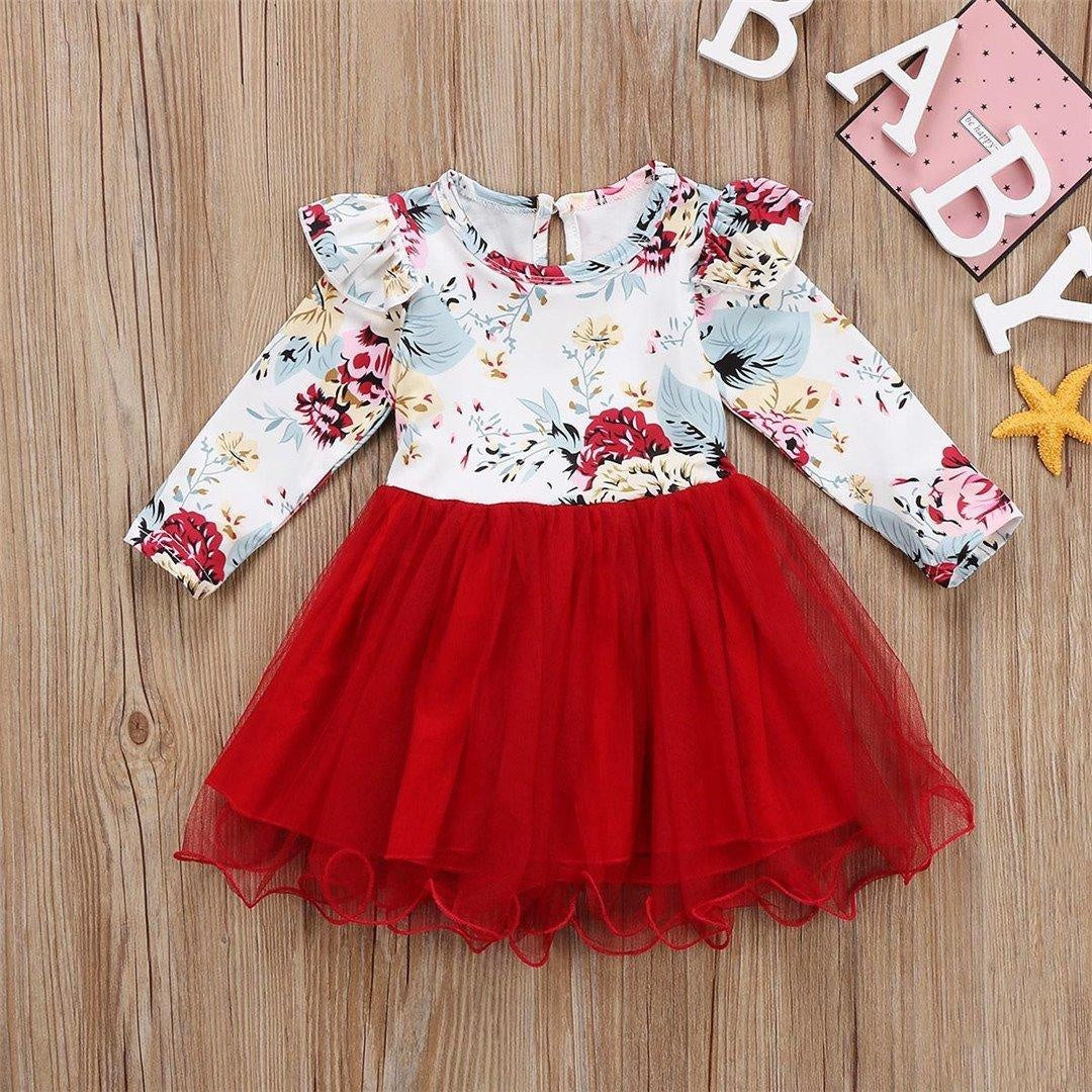 Girls Long Sleeve Flower Tulle Bow Christmas Dresses - MomyMall