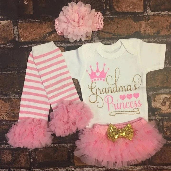 4PCS "Grandma's Princess" Letter Printed Romper With Pompous Short Pants Baby Set - MomyMall White / 0-3 Months