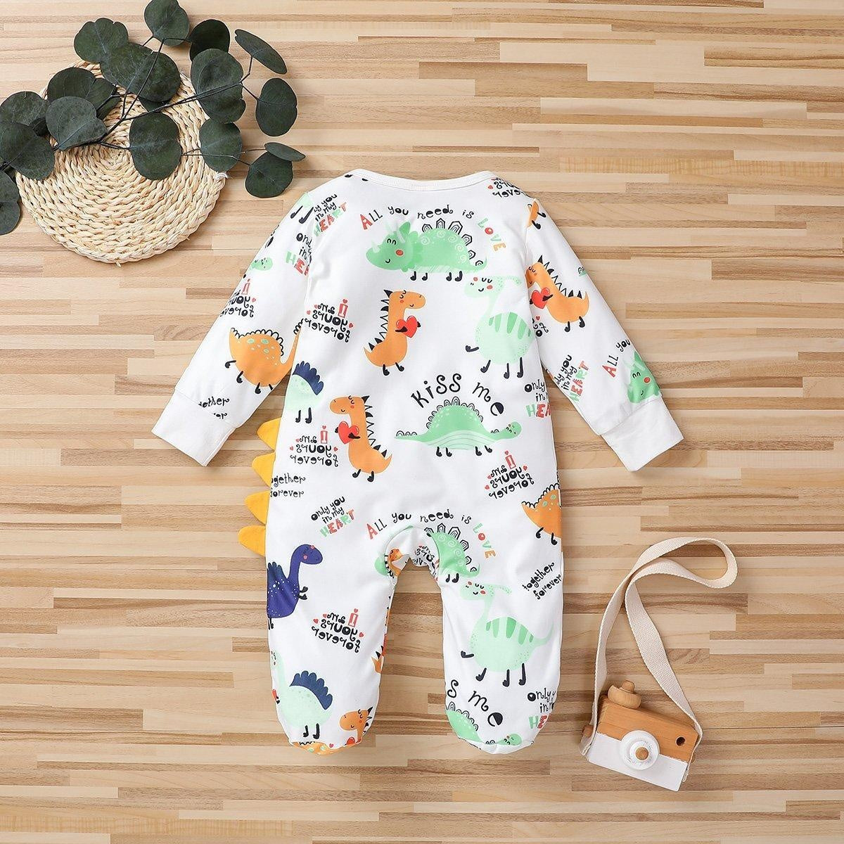 Lovely Newborn Baby Autumn And Winter Cartoon Dinosaur Printed Long-sleeve Jumpsuit