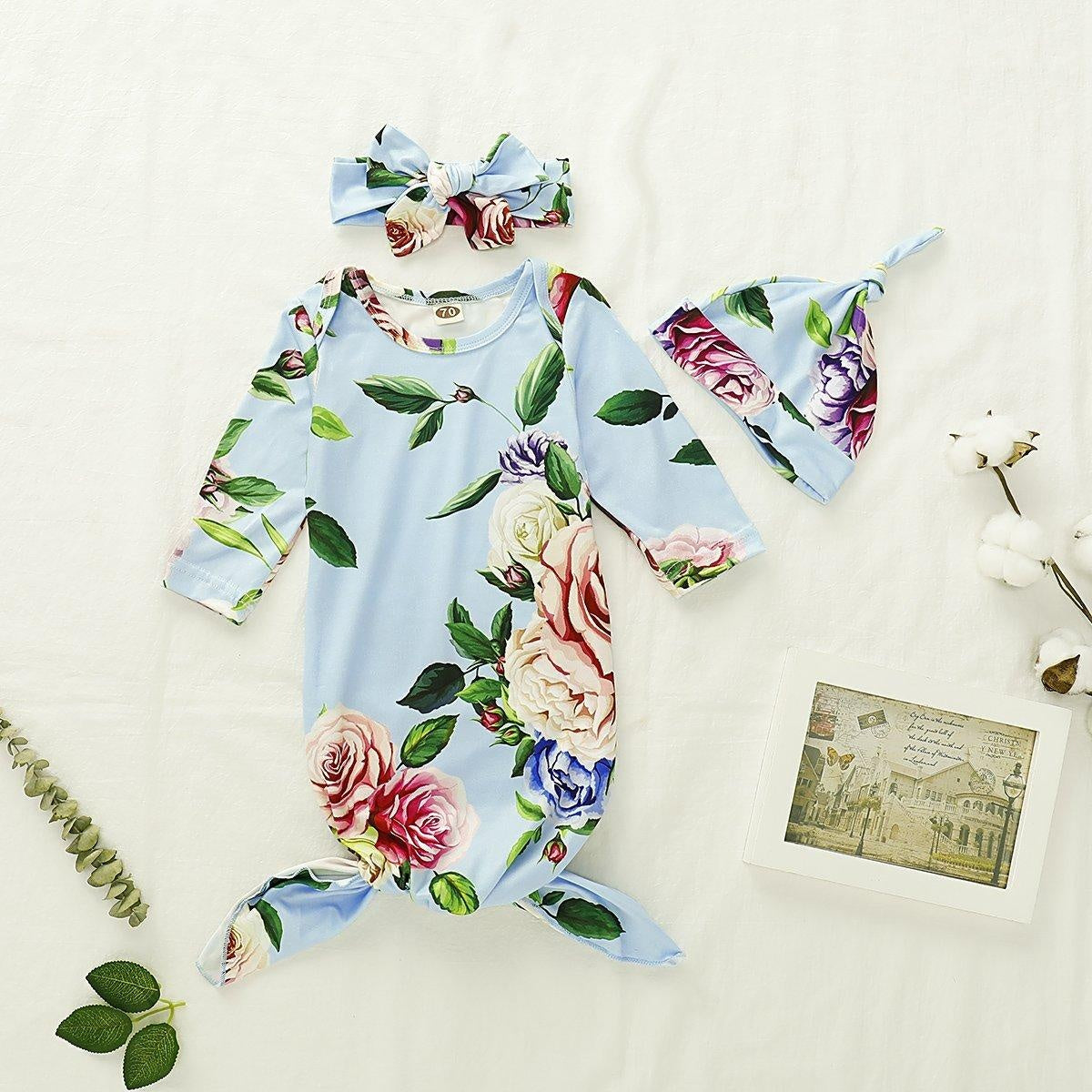 NewBorn Floral Print Pajamas and Headband - MomyMall