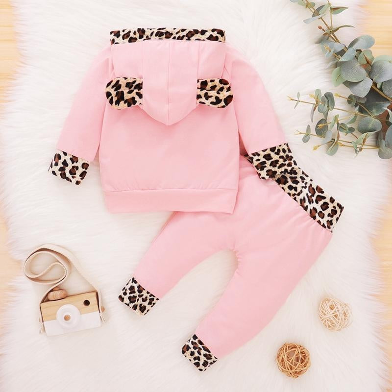 2PCS Baby Girl Soild Leopard Printed  Long Sleeve Hoodie With Pants Baby Clothes Set