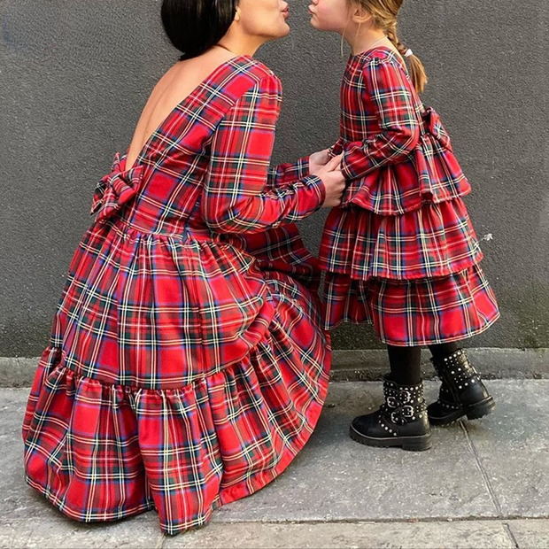 Family Matching Parent-Child Fashion Plaid Print Bow Dresses - MomyMall