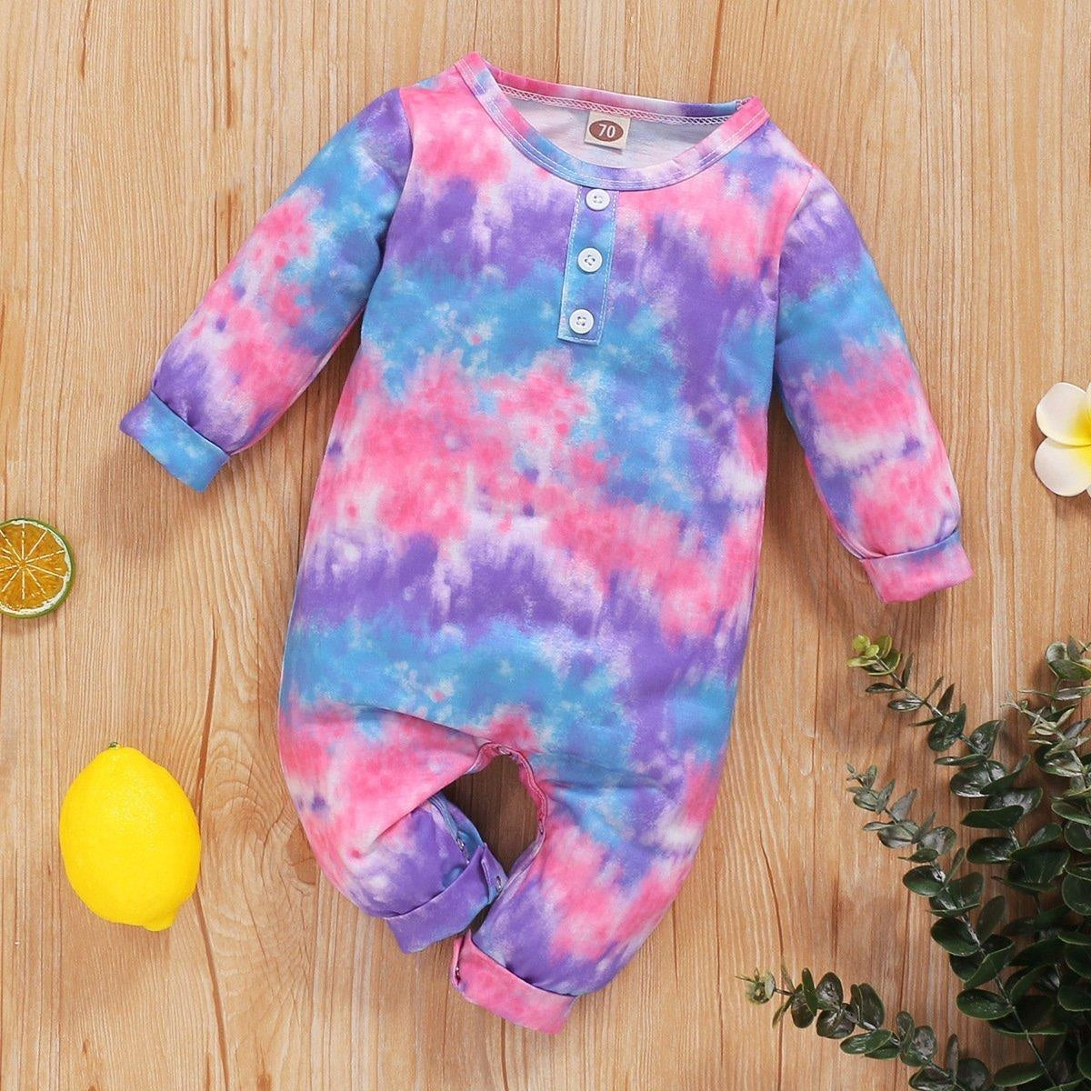 Lovely Tie-dyed Printed Long-sleeve Baby Jumpsuit