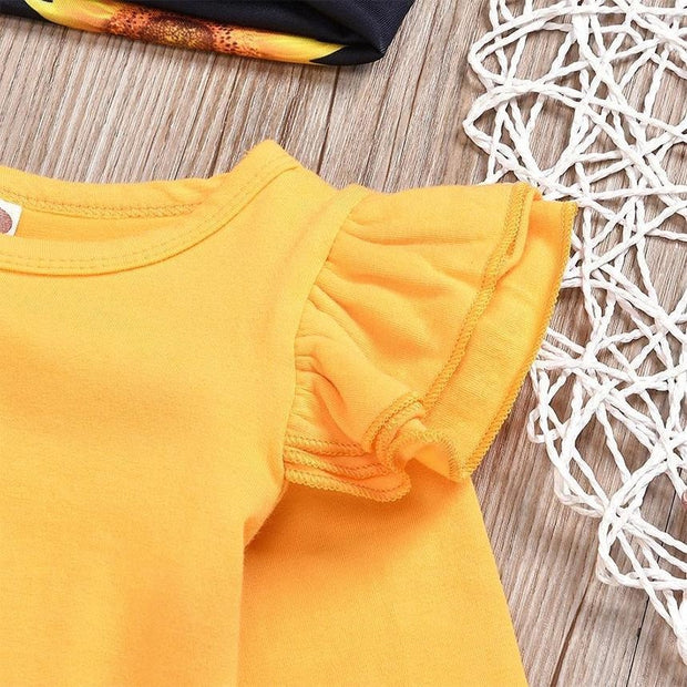 3PCS Sunflower Flutter-sleeve Bodysuit+ Pants +Headband Set - MomyMall