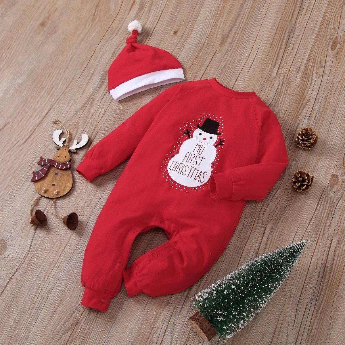 My First Christmas Snowman Printed Baby Jumpsuit - MomyMall