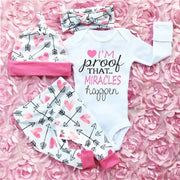 4 Pcs Newborn Baby Girls Clothes Miracles Letter Romper Outfit Pants Set +Hat+Headband - MomyMall White / 0-3 Months