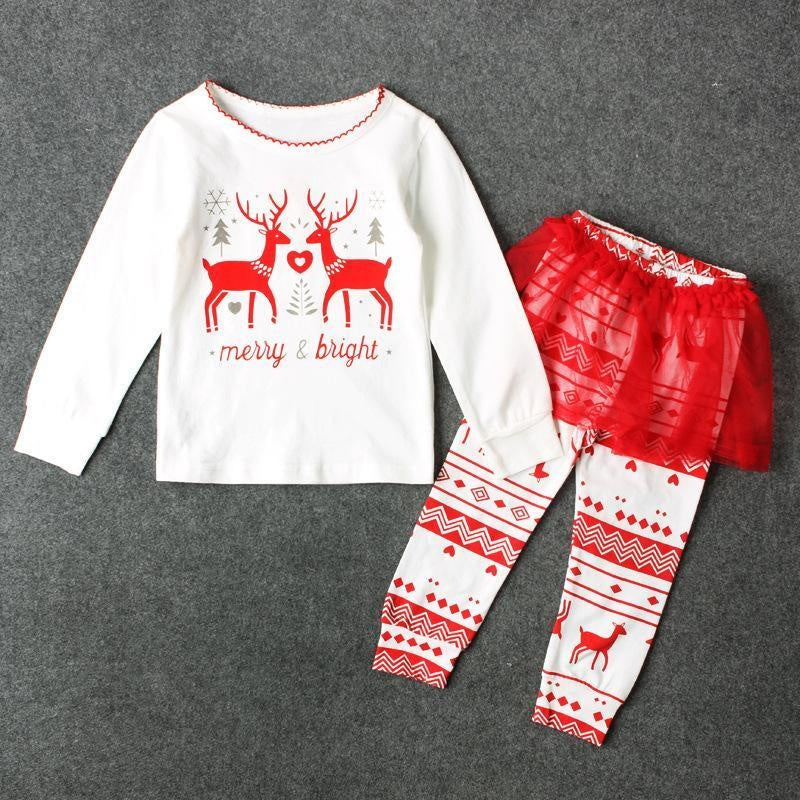 Girl Spring Autumn Christmas Long-sleeved Moose Suits 2 Pcs