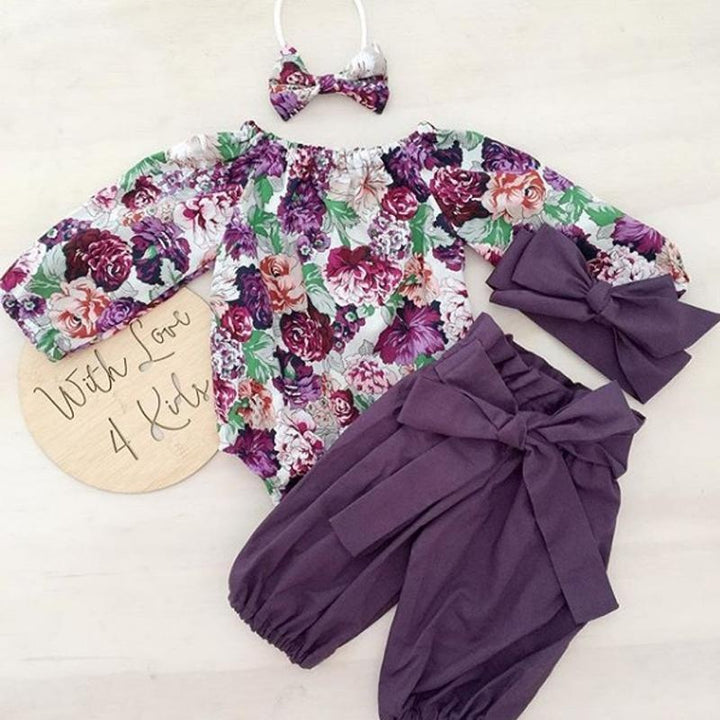 Floral Romper with Bowknot Decor Pants Set - MomyMall Purple / 0-3Months