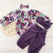 Floral Romper with Bowknot Decor Pants Set - MomyMall Purple / 0-3Months
