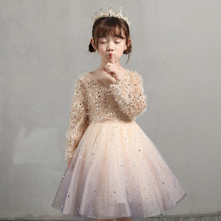 Girls Fashion Dress Shiny Sequin Princess Party Evening Tutu Dress 3-12 Years - MomyMall Beige / 3-4 Years
