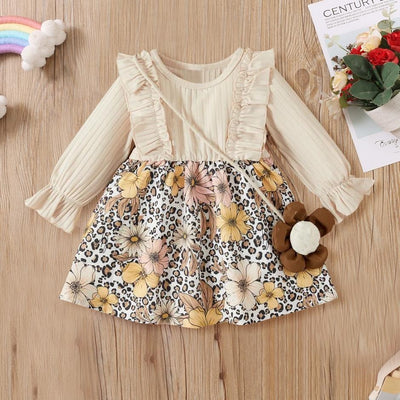 Sweet Leopard Floral Printed Long Sleeve Baby Dress