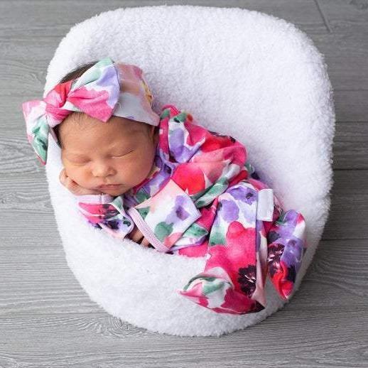 Lovely Baby Full Floral Printed Pajamas With Headband - MomyMall