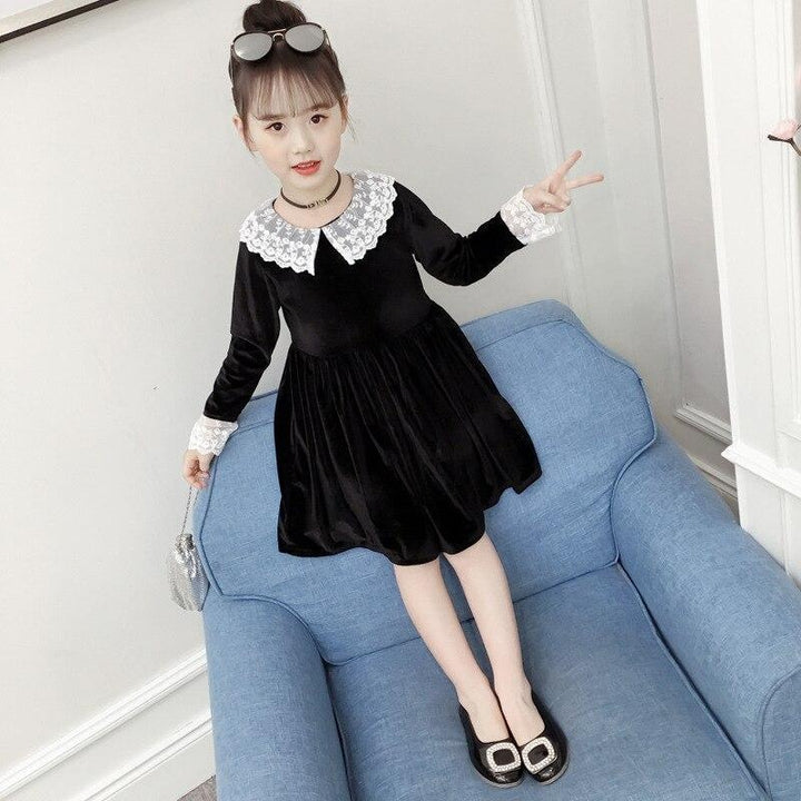 Girl Gold Autumn Pleuche Dress Lace Flower Princess Dresses 3-14 Years - MomyMall Black / 2-3Y