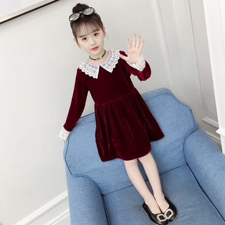 Girl Gold Autumn Pleuche Dress Lace Flower Princess Dresses 3-14 Years - MomyMall Wine Red / 2-3Y
