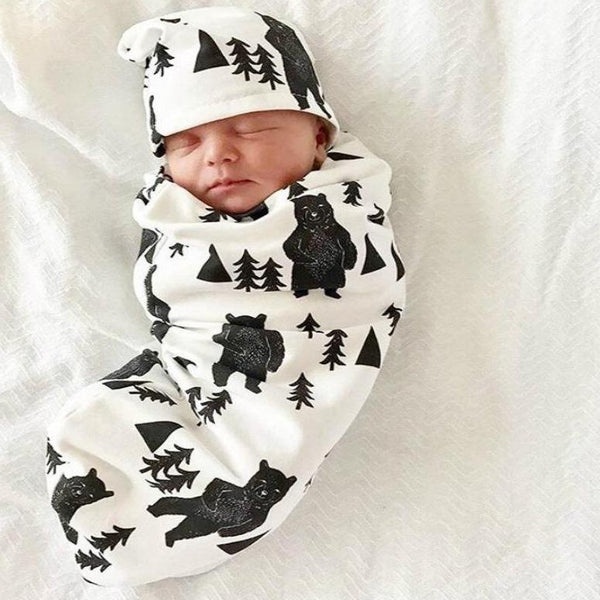 Baby Boy Girl Tree And Bear Printed Long Sleeve Sleeping Bag With Hat - MomyMall Newborn / White