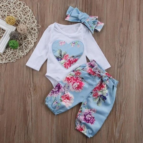 Baby Girls 3PCS Suit:Floral Printed Romper With Pink Floral Pants Baby Set