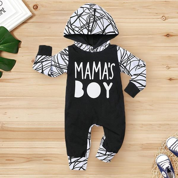 Cute "Mama's Boy" Letter Black Line Printed Long Sleeve Baby Boy Hoodie Jumpsuit - MomyMall Black / 0-3 Months