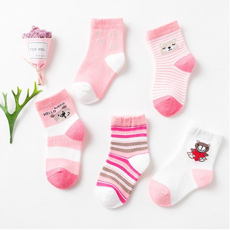 Kids Girl Stripes Socks Soft Cotton Cute Cartoon 5 Pairs 0-5 Years