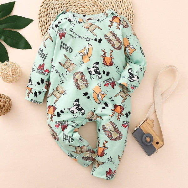 Cute Full Cartoon Plant And Animal Printed Long-sleeve Baby Jumpsuit - MomyMall Light Green / 0-3 Months