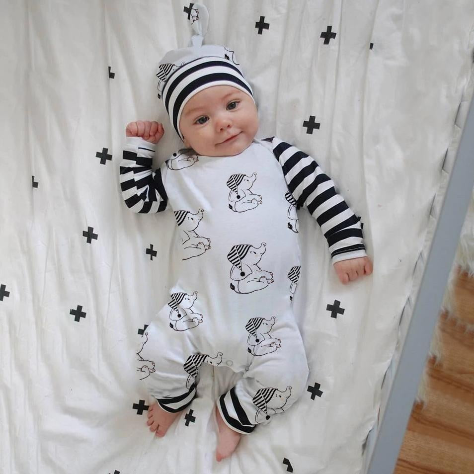 2PCS Cartoon Elephant Print Long Sleeve Baby Jumpsuit