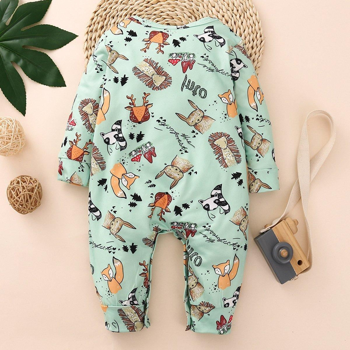 Cute Full Cartoon Plant And Animal Printed Long-sleeve Baby Jumpsuit - MomyMall