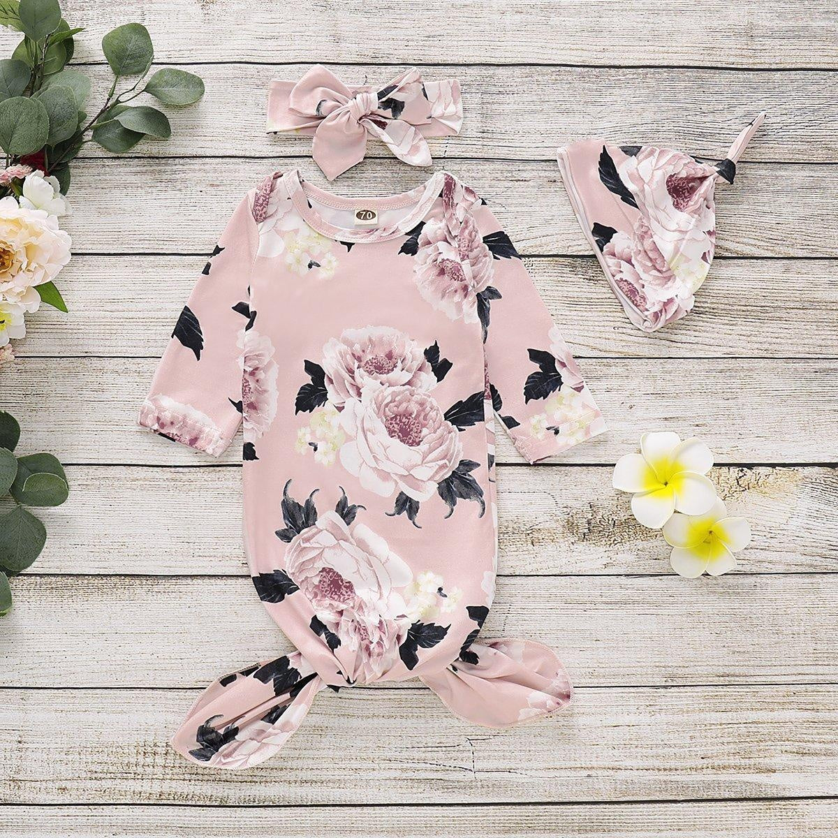 NewBorn Floral Print Pink Pajamas and Headband