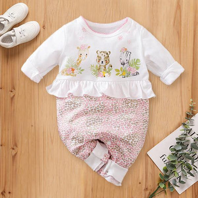 Lovely Three Animals Printed Fold Edge Long-sleeve Baby Girl Jumpsuit - MomyMall Pink / 0-3 Months