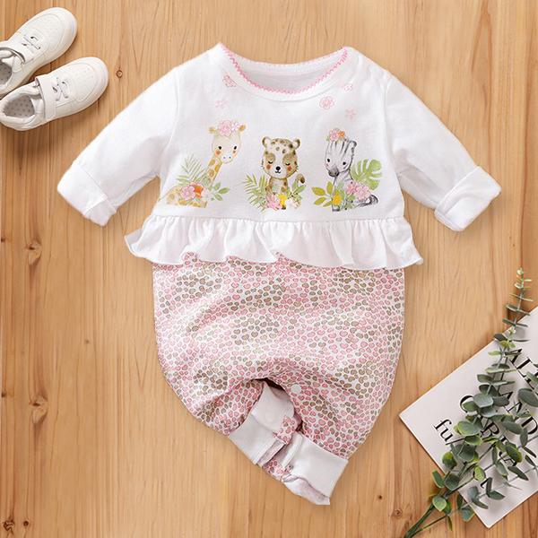 Lovely Three Animals Printed Fold Edge Long-sleeve Baby Girl Jumpsuit - MomyMall Pink / 0-3 Months