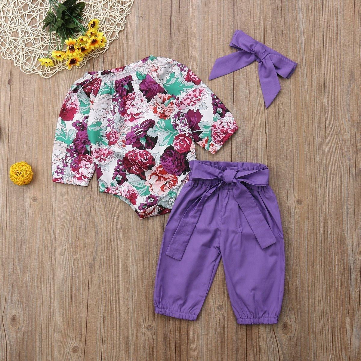 Floral Romper with Bowknot Decor Pants Set - MomyMall