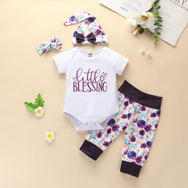 4PCS Letter Printed Romper With Floral Printed Pants Baby Girl Set - MomyMall Purple / 0-3 Months