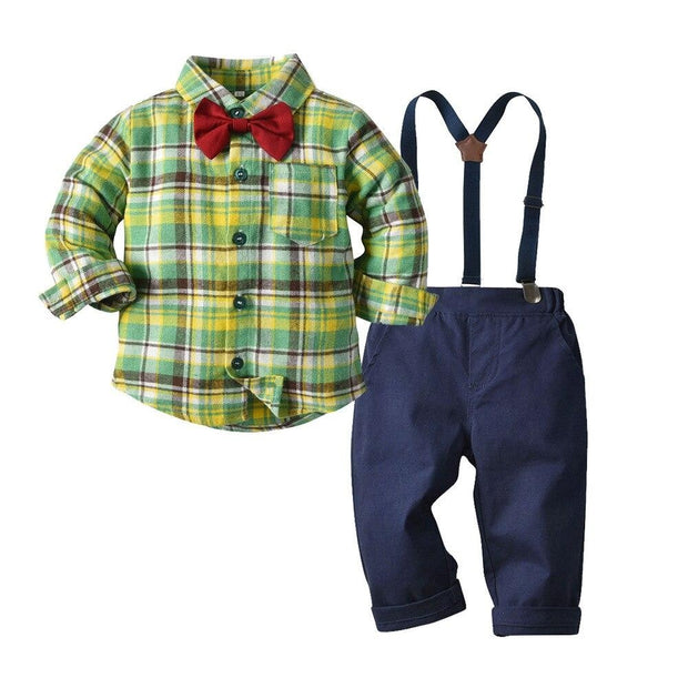 Kids Boys Plaid Spring and Autumn Long Sleeve 3 Pcs Suit - MomyMall Yellow / 80cm：6-12months