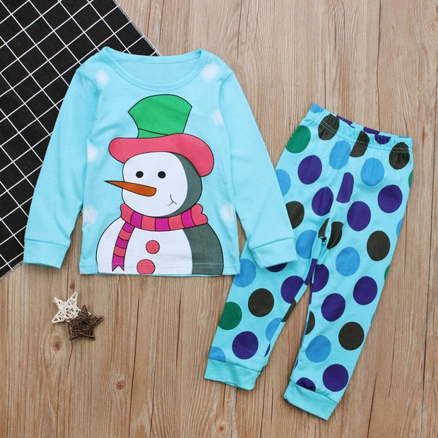 Kids Boys Christmas Snowman Long Sleeved Polka Dots Pajamas 2 Pcs