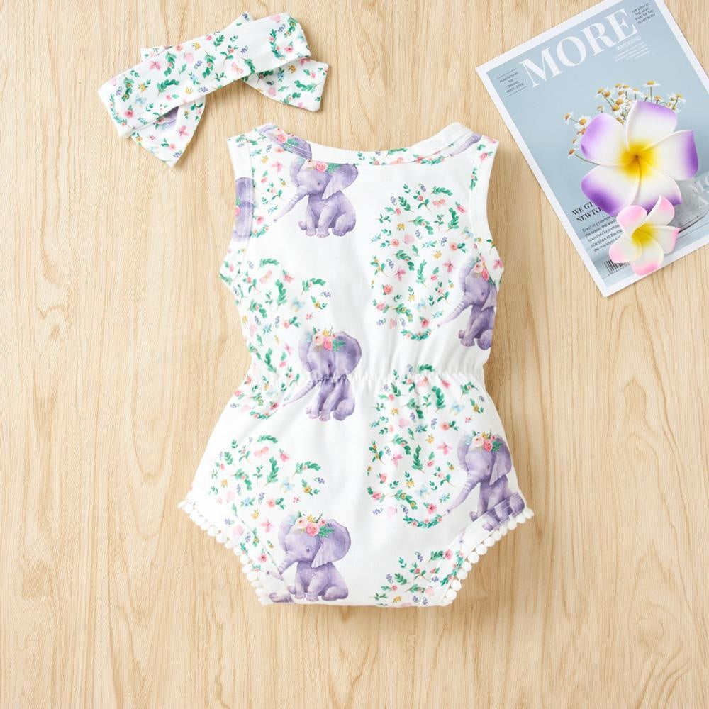 2PCS Cartoon Elephant Floral Printed Baby Romper - MomyMall