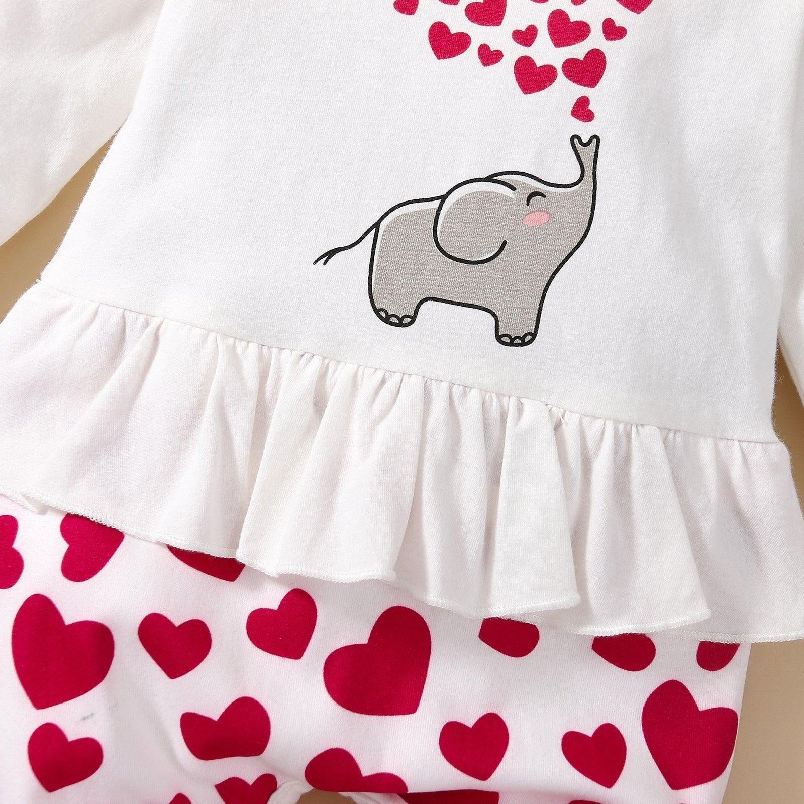 2PCS niedlicher Cartoon-Elefant-Herz-bedruckter Baby-Overall