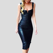 Faux Leather Dress - Midi Bodycon Dress - MomyMall BLACK / S