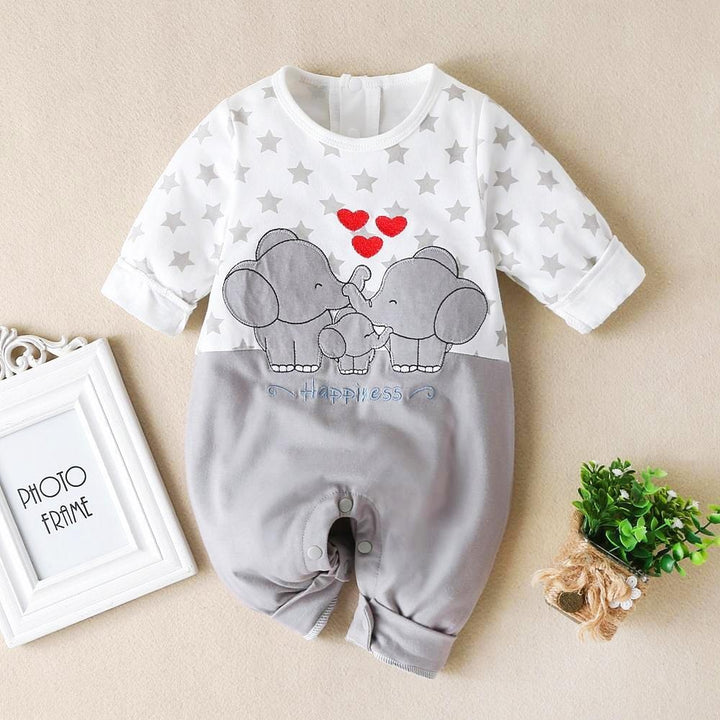 All Over Star with Elephant Printed Jumpsuit - MomyMall Grey / 0-3 Months
