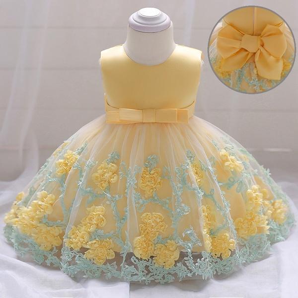 Girls Toddler 3D Flowers Birthday Party Wedding Dresses - MomyMall Yellow / 0-6M