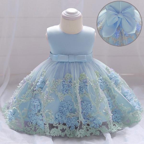 Girls Toddler 3D Flowers Birthday Party Wedding Dresses - MomyMall Blue / 0-6M