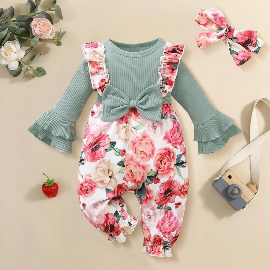 2PCS Cute Floral Printed Baby Jumpsuit