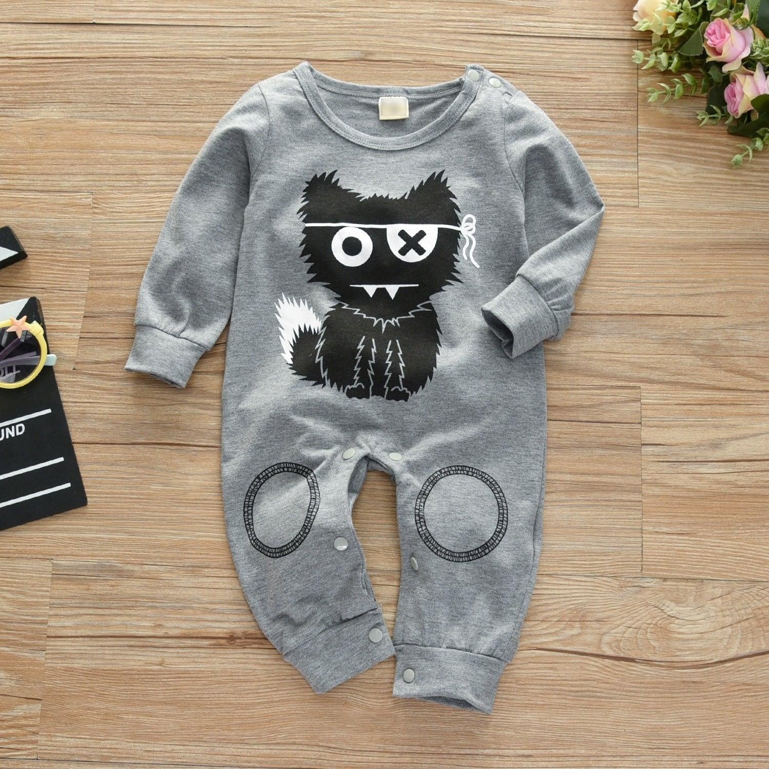 Niedlicher, langärmliger Overall mit Cartoon-Monster-Aufdruck für Babys, Jungen und Mädchen 