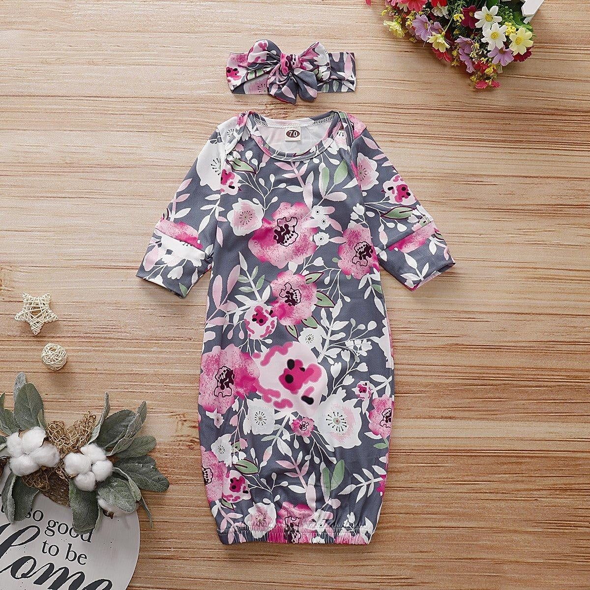 Baby NewBorn Lovely Floral Print Pajamas and Headband - MomyMall Grey / 0-6Months