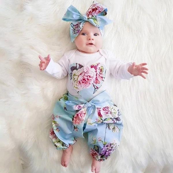 Baby Girls 3PCS Suit:Floral Printed Romper With Pink Floral Pants Baby Set