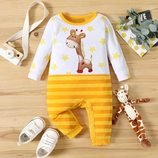 Cartoon Giraffe Printed Long Sleeve Baby Jumpsuit - MomyMall Yellow / 0-3 Months